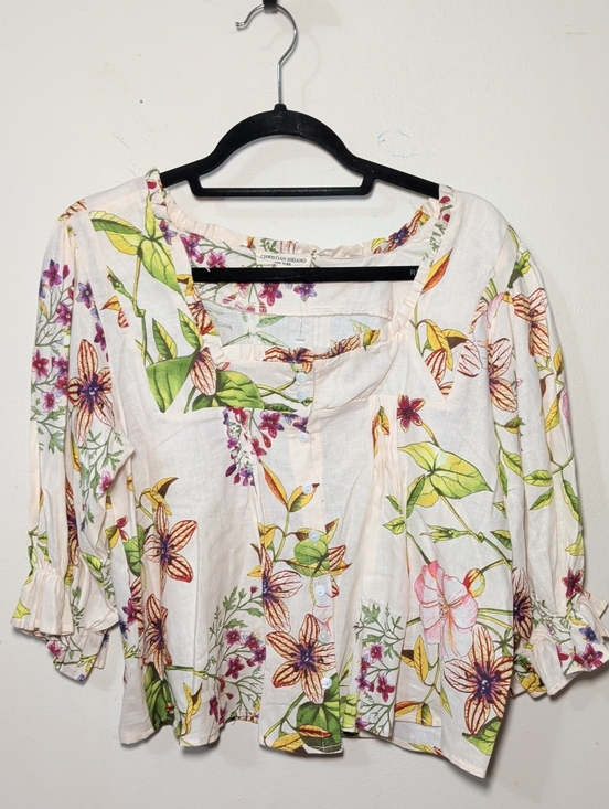 Christian Siriano Tops - Christian Siriano Floral Linen Blend Blouse Button Front Ruffle Women's Size S